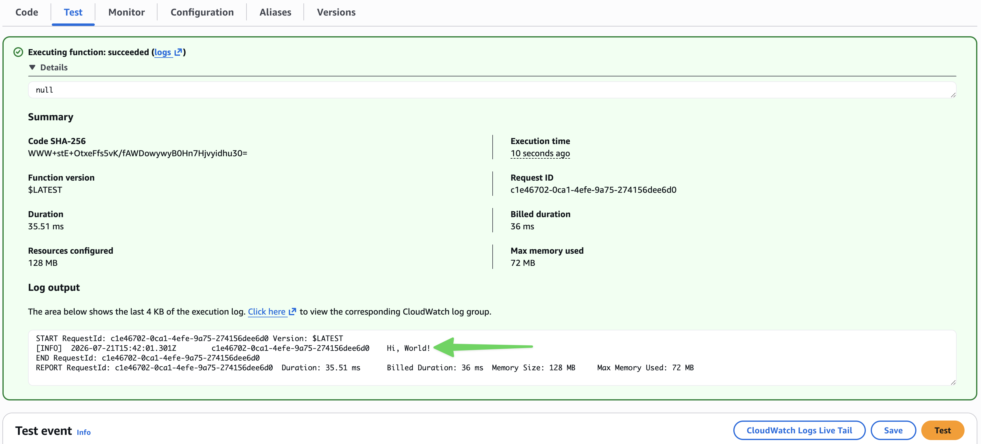 An image of a Lambda test run results in AWS Console. Highlighting the log line.