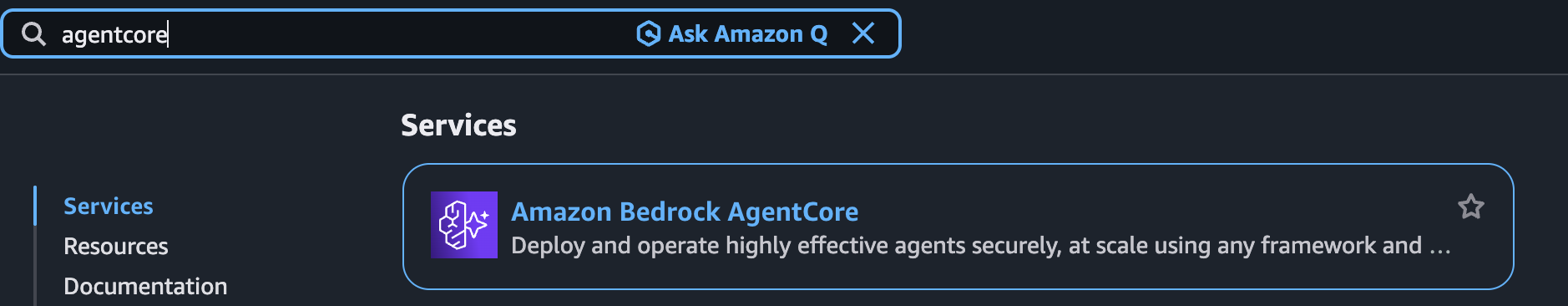 Searching for AgentCore in the AWS console search bar
