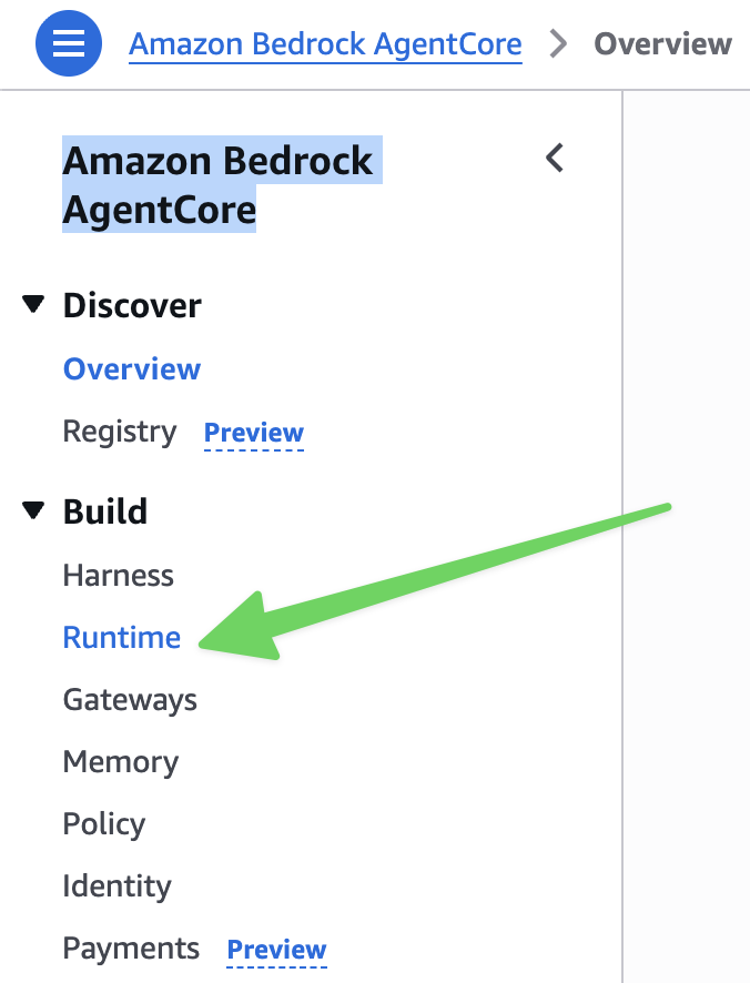 The Runtime tab in the Amazon Bedrock AgentCore console menu