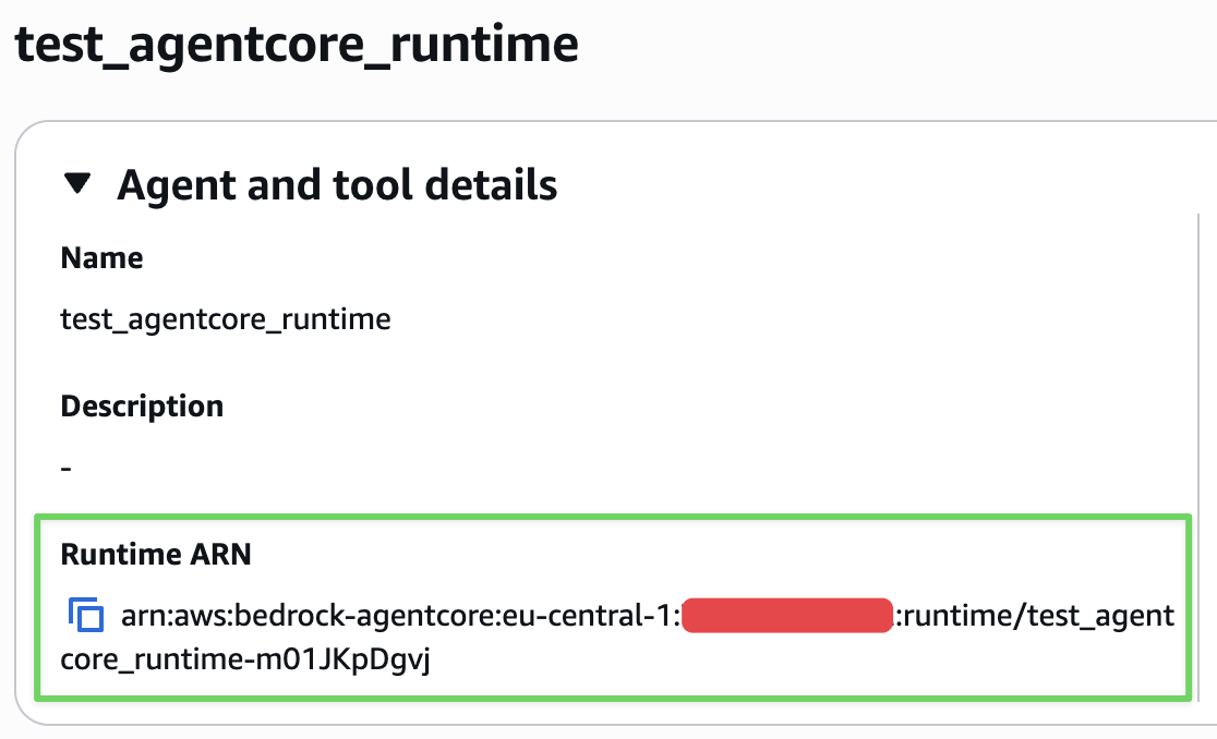 The AgentCore Runtime ARN under the Agent and tool details section