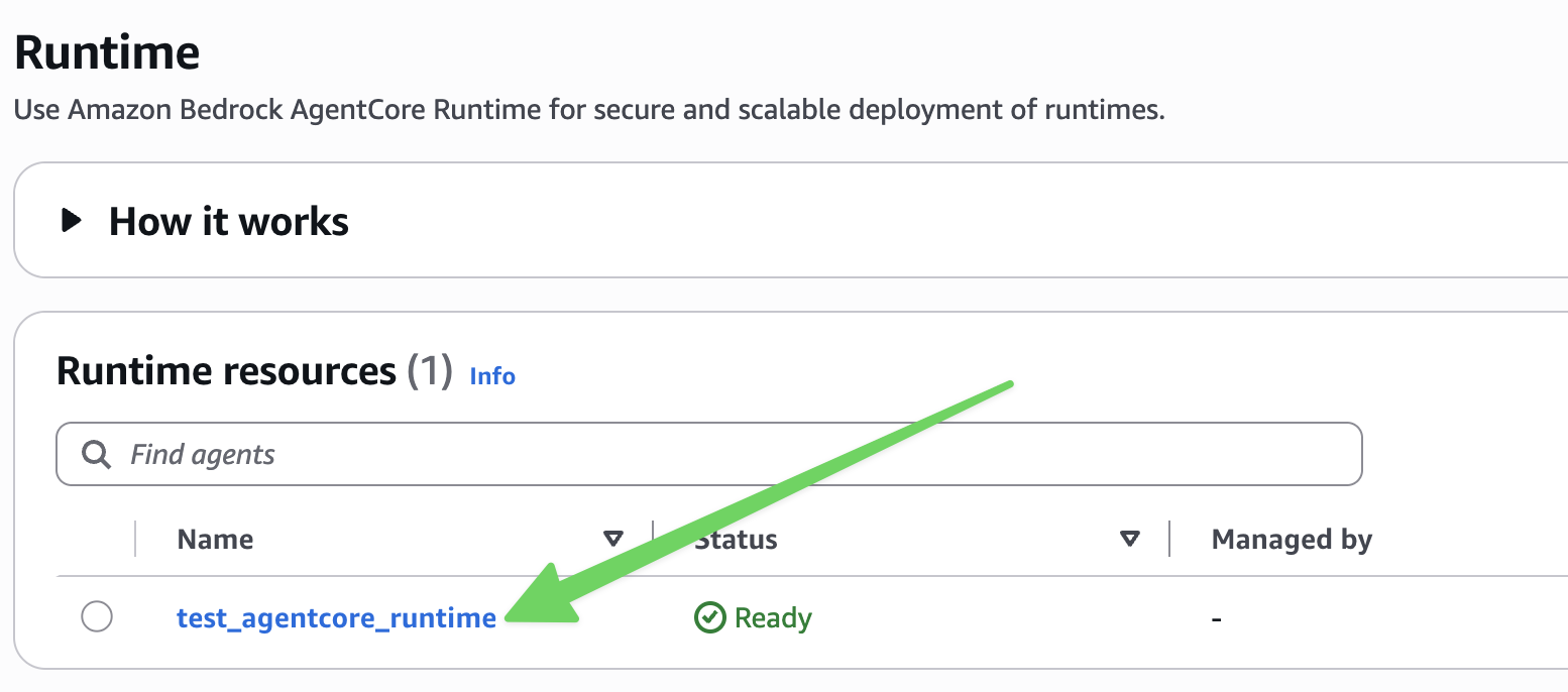 The deployed test_agentcore_runtime in the AgentCore Runtime list