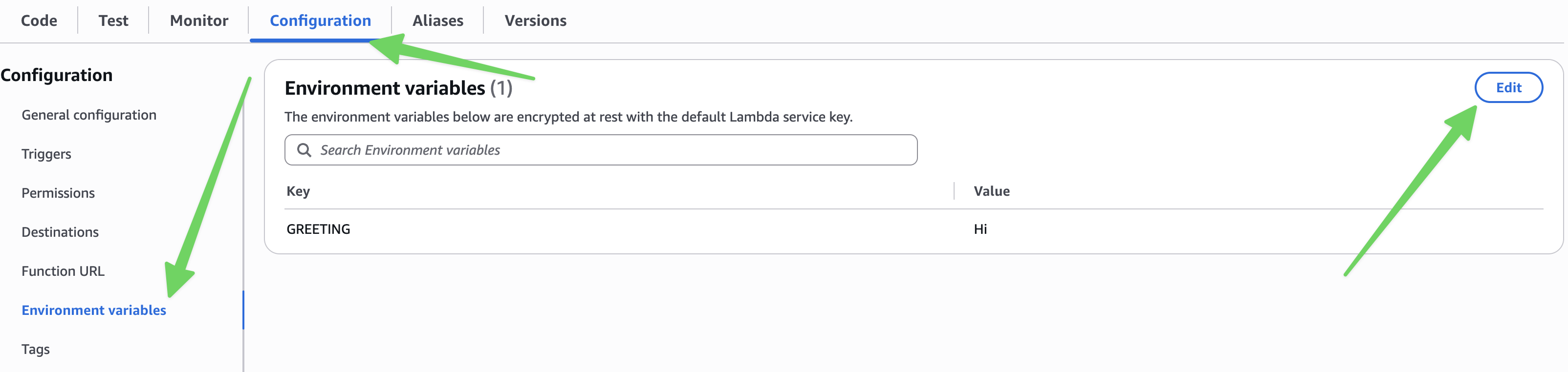 Image displaying AWS Lambda configuration tab, selected environment variables, highlighting the edit button for environment variables.