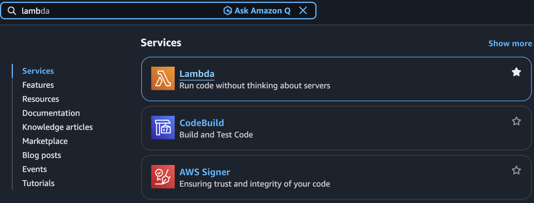 An image of a search result when typing in a search bar in the AWS Console