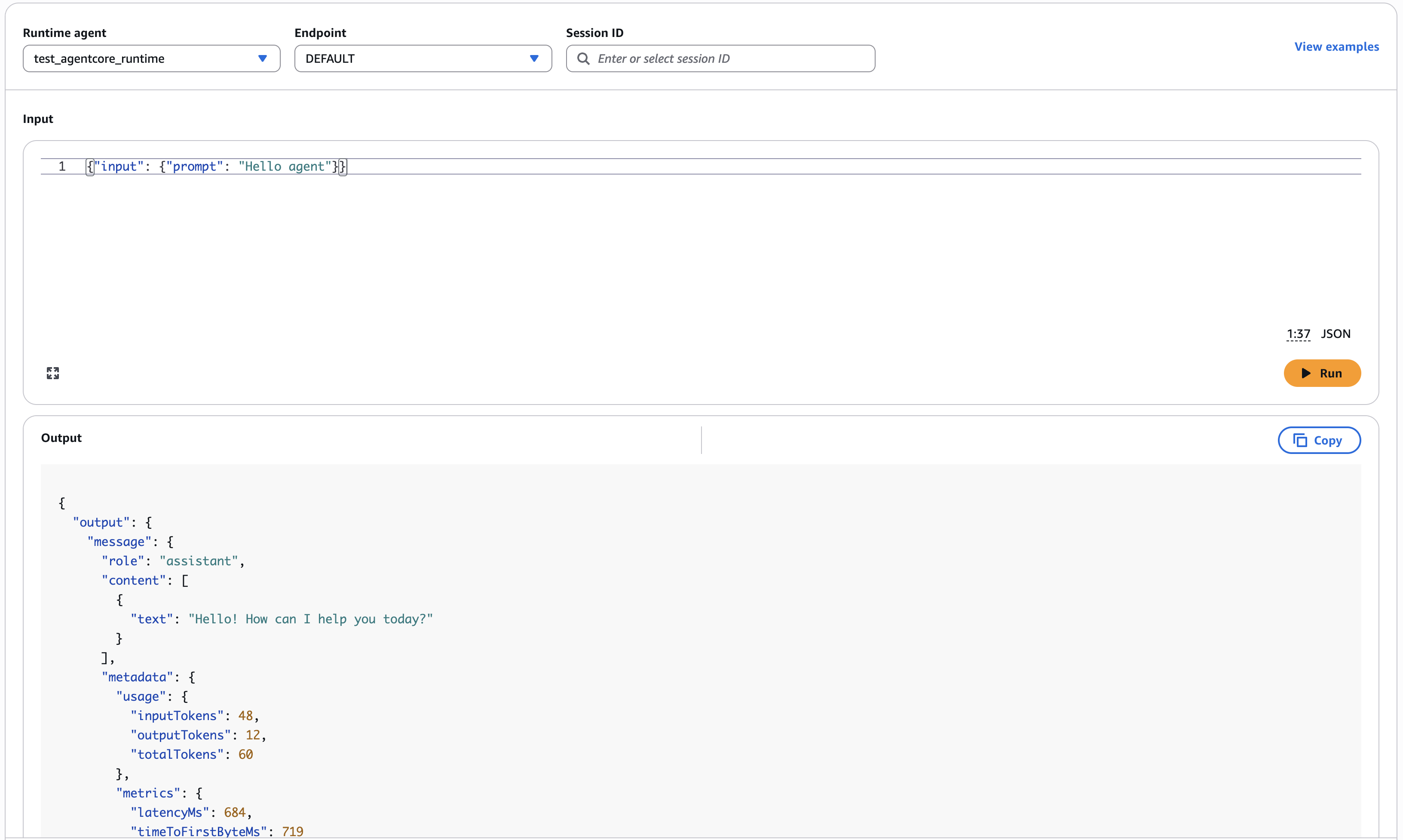 Agent response returned by the AgentCore console test endpoint