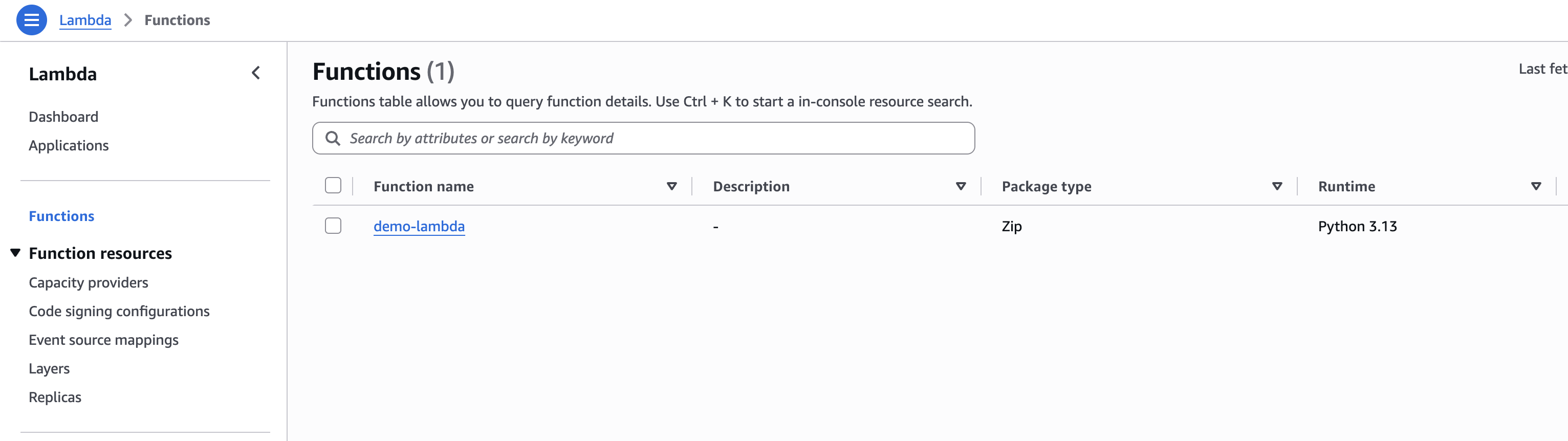 An image of AWS Lambda home page with one lambda deployed