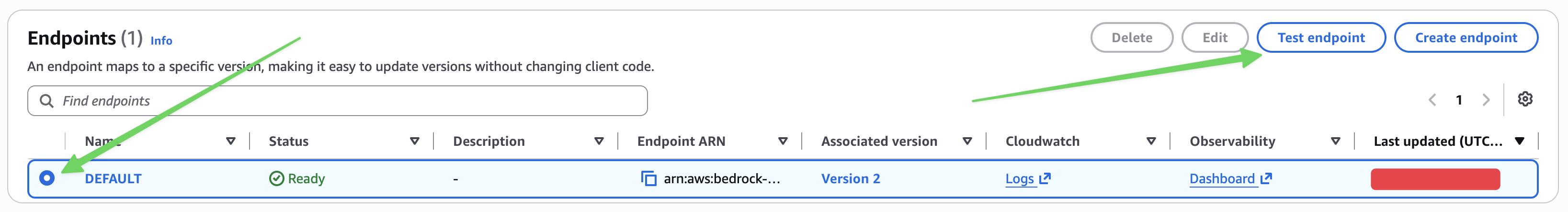 The DEFAULT endpoint selected under Endpoints, with the Test endpoint button